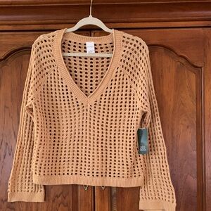 Wild Fable Vneck Light Taupe w/Gold Flex Shine Long Sleeve Crochet Top Size XXL